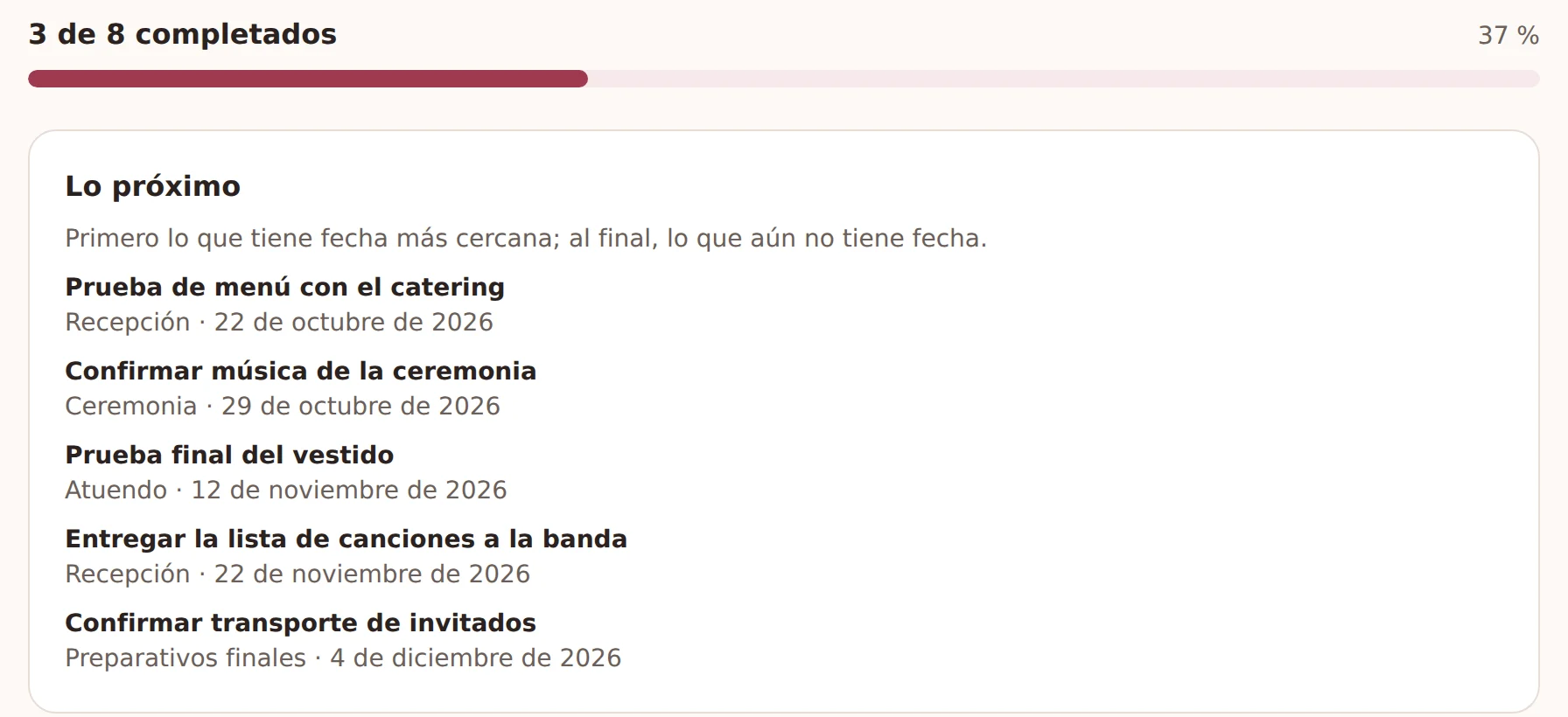 Inicio de una boda de ejemplo: 3 de 8 pendientes completados y «Lo próximo», con la prueba de menú, la música de la ceremonia y la prueba final del vestido por fecha.
