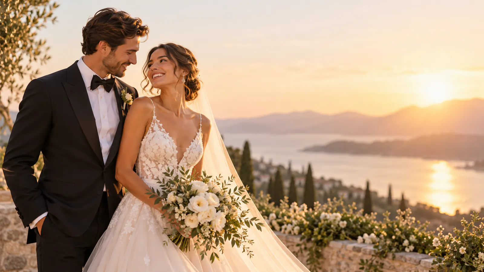 Pareja recién casada sonriendo al atardecer.