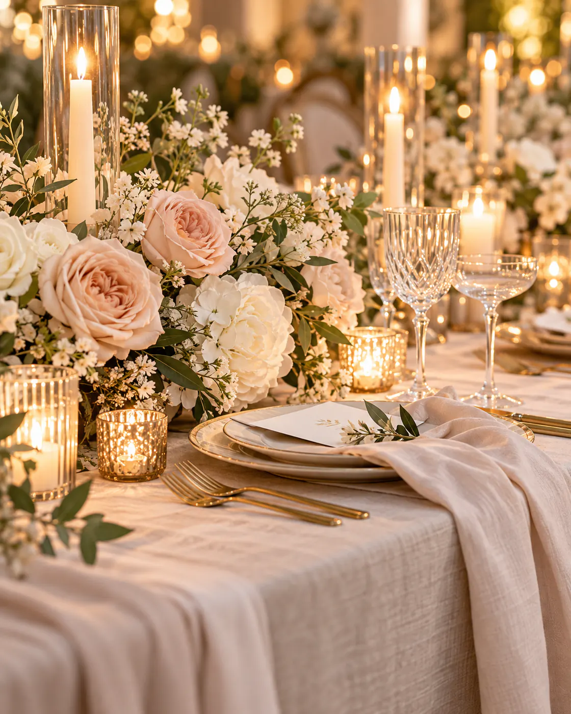 Mesa de boda con flores, velas y cristalería.