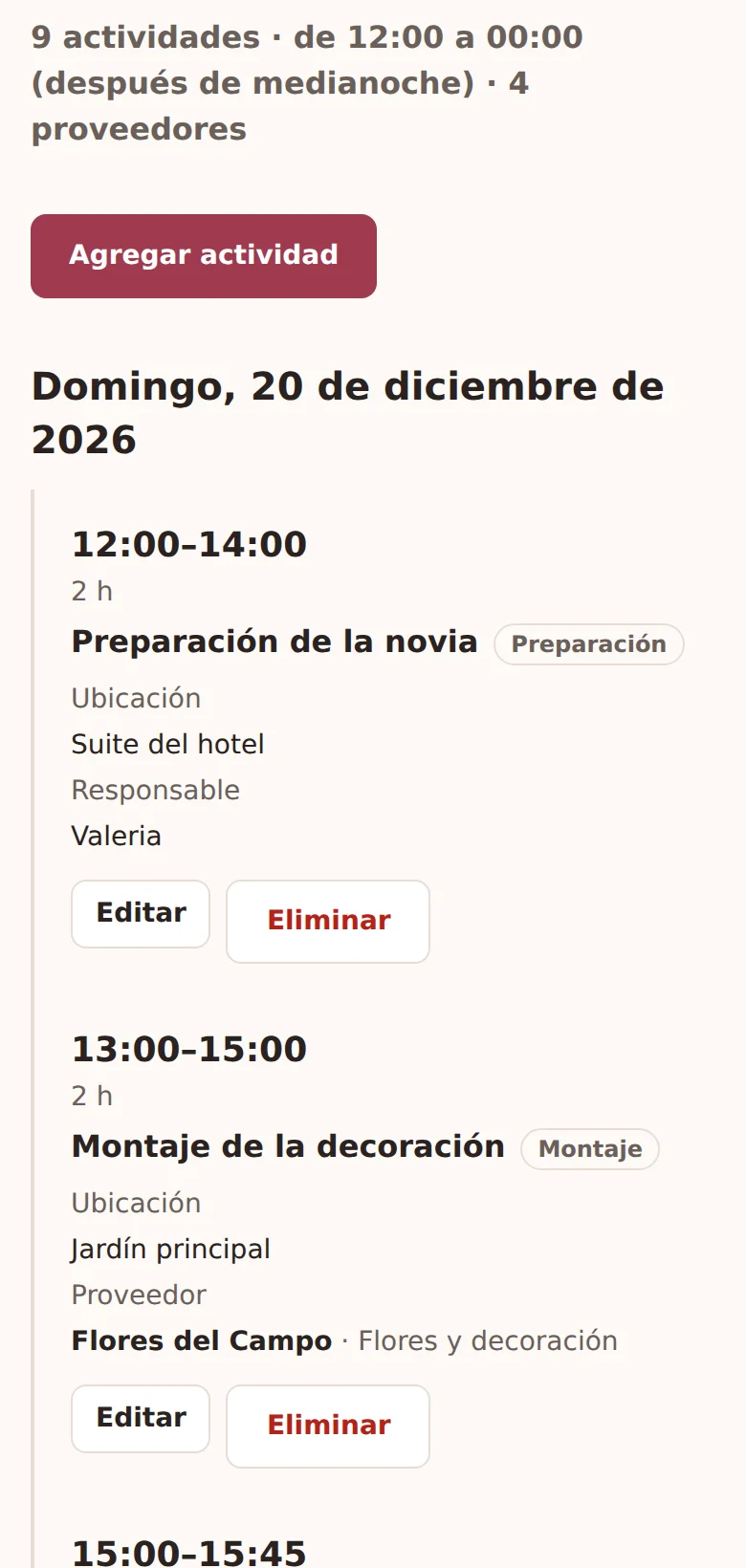Cronograma del día de una boda de ejemplo, con la hora, el lugar y el responsable de cada actividad, de la preparación a la ceremonia.