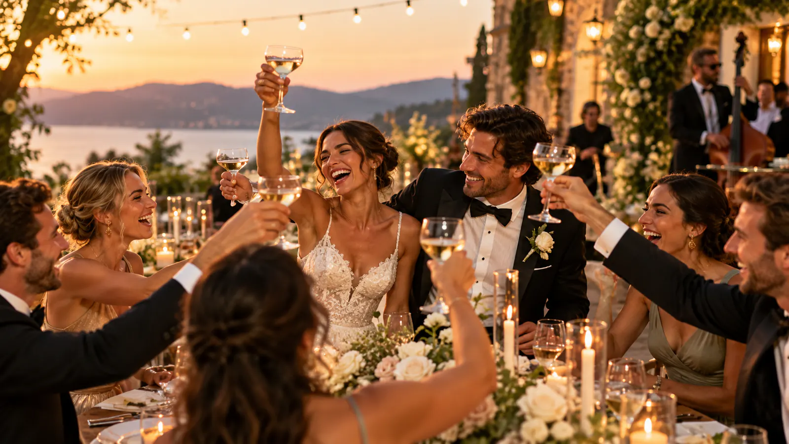 Novios e invitados brindando durante la recepción.